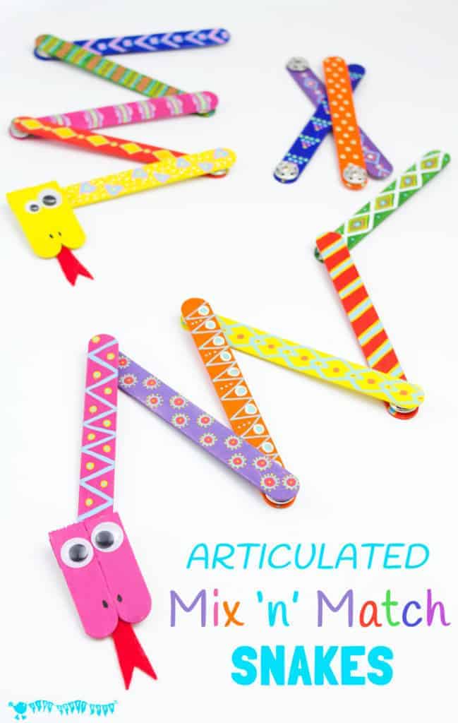 SNAKE CRAFT: This Mix 'N Match Articulated Snake Craft is such fun and twists, turns and slithers like a real one! With bright and colourful interchangeable body parts kids can make a unique snake toy every time they play! #snakecrafts #snakes #popsiclesticks #kidscrafts #kidscraft #kidcrafts #ECE #kidcraft #kidscrafts101 #craftideas #craftsforkids #funforkids #preschool #preK #earlyyears #letsgetcrafty #kidscreate #creativekids #craftykids #kidsactivities #activitiesforkids