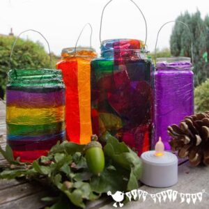 Easy Stained Glass Effect Lanterns, a lovely Autumn/Fall craft for kids and a great way to explore colour mixing.