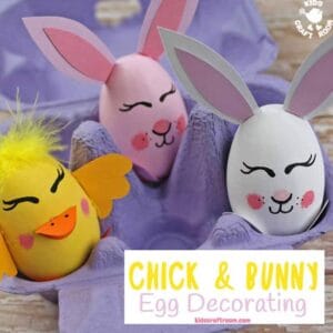 These Bunny and Chick Egg Decorating Ideas are so cute! Decorate real, wooden, paper mache, or plastic eggs. A fun Easter craft for kids. ( free printable template) #kidscraftroom #easter #eastereggs #eggdecorating #eggdecoratingideas #kidscrafts #springcrafts