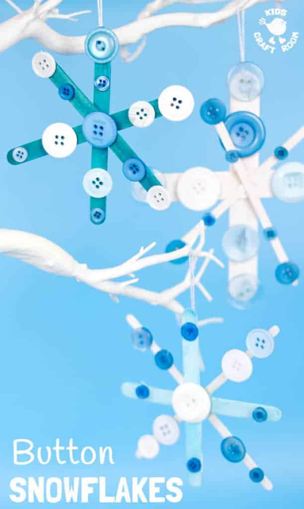 BUTTON SNOWFLAKE CRAFT - A gorgeous Winter and Christmas craft for kids from the new book 30 Christmas Ornaments. Christmas crafts are a great way to make memories you'll treasure year after year. #snowflakes #snowflakecrafts #winter #wintercrafts #wintercraftsforkids #kidscrafts #craftsforkids #winteractivities #winterideas #kidsart #winterart #artideas #winterartideas #snow #processart #buttoncrafts