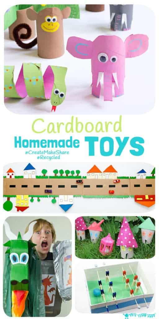 Inspire creativity and imaginative play with homemade toys made from recycled materials like these awesome Cardboard Homemade Toys! Kids will love to play with something they've helped to make and it's great for building their environmental awareness too.