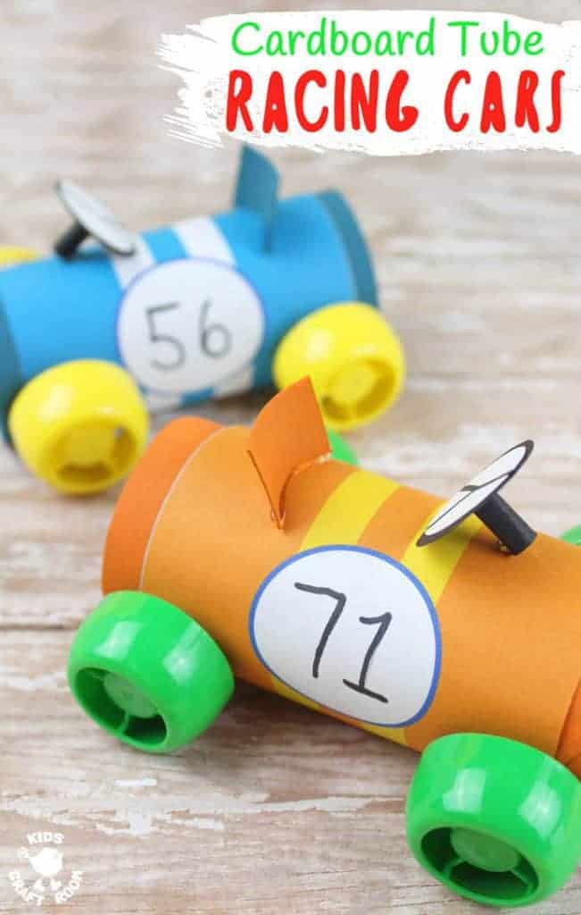 Do you like to recycle trash into cute crafts? Then you'll love this Cardboard Tube Racing Car Craft! With our free printable wrap around covers it's easy to give your cars handsome sporty stripes! #cardboardtubes #cars #carcrafts #cardboardtubecrafts #printables #freeprintables #racingcars #TProllcrafts #TProlls #papertubes #car #kidscrafts #craftsforkids #kidsactivities #preschool #recycled #recycledcrafts