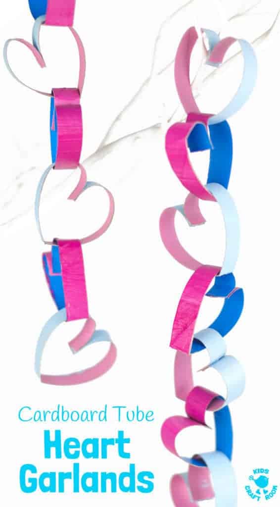 TP Roll Cardboard Tube Heart Garlands look gorgeous! Heart chains make great Valentine's Day or Mother's Day decorations. A fun and easy recycled heart craft for kids. #valentine #valentinesday #valentinescraft #valentinecraft #valentinescrafts #valentinecrafts #valentinesdayforkids #heart #love #heartcrafts #kidscrafts #recycled #recycledcrafts #tprolls #cardboardtubes #cardboardtubecraft #garland #ornament #decoration