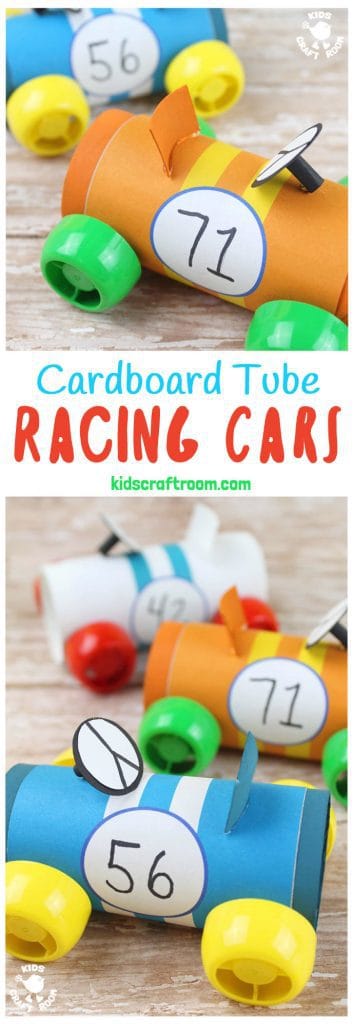 Do you like to recycle trash into cute crafts? Then you'll love this Cardboard Tube Racing Car Craft! With our free printable wrap around covers it's easy to give your cars handsome sporty stripes! #cardboardtubes #cars #carcrafts #cardboardtubecrafts #printables #freeprintables #racingcars #TProllcrafts #TProlls #papertubes #car #kidscrafts #craftsforkids #kidsactivities #preschool #recycled #recycledcrafts