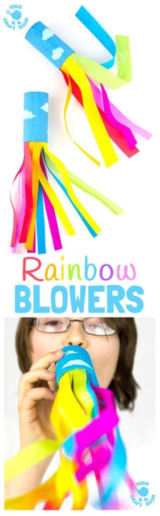 CARDBOARD TUBE RAINBOW BLOWERS are a colourful and fun kids craft! Kids love blowing this rainbow craft to see the streamers swoosh. A super TP roll St Patrick's Day craft or for a weather topic too.