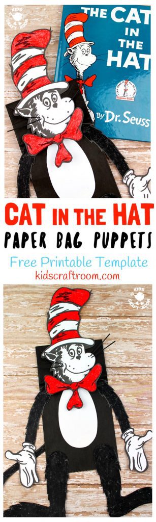 PAPER BAG CAT IN THE HAT PUPPETS look amazing and are super simple to make with our free printable. It's a great craft to go with story time and a fun way to encourage kids to retell familiar and made up tales. If you've got a little Dr Seuss fan then this Cat In The Hat craft is not to be missed!