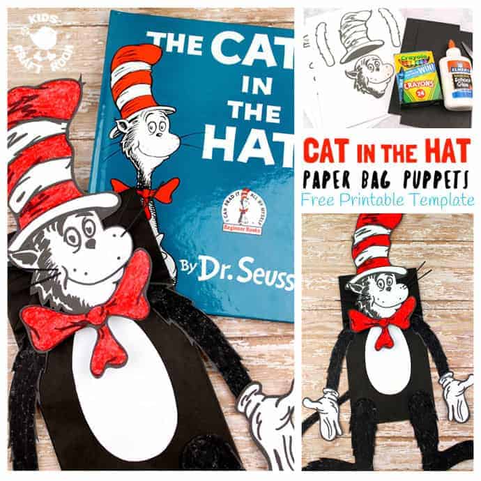 PAPER BAG CAT IN THE HAT PUPPETS look amazing and are super simple to make with our free printable. It's a great craft to go with story time and a fun way to encourage kids to retell familiar and made up tales. If you've got a little Dr Seuss fan then this Cat In The Hat craft is not to be missed!