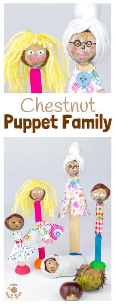 HOMEMADE PUPPETS CHESTNUT CRAFT - Make a Puppet Family with this fun and creative chestnut craft for kids. Chestnut puppets give kids hours of imaginative play & story telling. (buckeye craft/ conker craft)