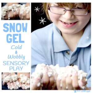 WINTER SENSORY PLAY SNOW GEL - Cold, wobbly, sparkly Snow Gel; a wonderfully rich Winter sensory play experience for kids. #sensory #sensoryplay #sensoryplayideas #sensoryplayactivities #sensoryseeker #winter #winterplay #winteractivities #kidsactivities #play #playideas #invitationtoplay #kidscraftroom #letsplay #snow