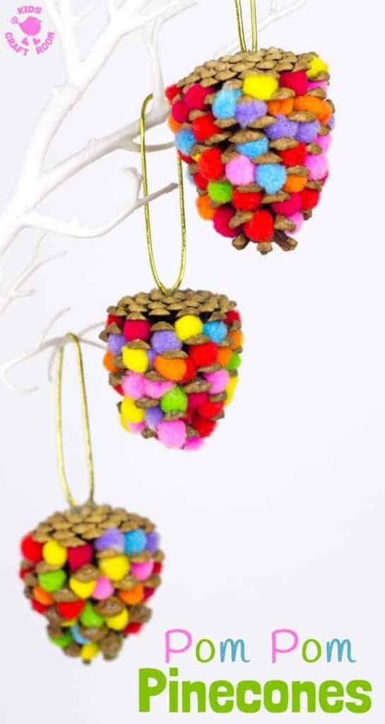 POM POM PINECONES - This colourful Pom Pom Pinecone craft for kids looks great! Use this nature craft to make Christmas ornaments or as pretty mobiles all year. There's even a fun idea for a colourful pinecone math game too. #naturecrafts #pineconecrafts #pompomcrafts #kidscrafts #craftsforkids #kidsactivities #kidscraftroom #christmas #christmasornaments #ornaments
