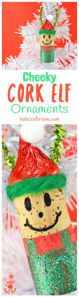 These CHEEKY CORK ELF ORNAMENTS are adorably cute and perfect for hanging on the Christmas tree or embellishing gifts with a hand made touch.  Their little red elf hats are edible too which makes them super fun for the kids! Such a fun and easy elf craft for Christmas time! #ornaments #christmas #christmascrafts #kidscrafts #christmasideas #christmasornaments #elf #elfcrafts #corkcrafts #cork #kidscraftideas #kidscraftroom