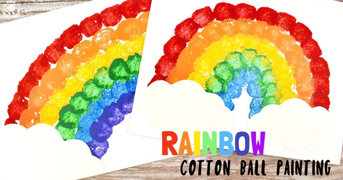 RAINBOW COTTON BALL PAINTING is lots of fun, looks amazing and develops kids motor skills and hand-eye co-ordination. Painting with cotton balls is exciting for kids and a great way to broaden their painting experiences away from just traditional brushes. #rainbow #kidsart #kidspaintingideas #stpatricksday #stpaddys #rainbowcrafts #kidspainting #springcrafts #springcraftsforkids #kidsactivities #kidscrafts #kidscraftroom #rainbows #cottonballpainting #painting #kids