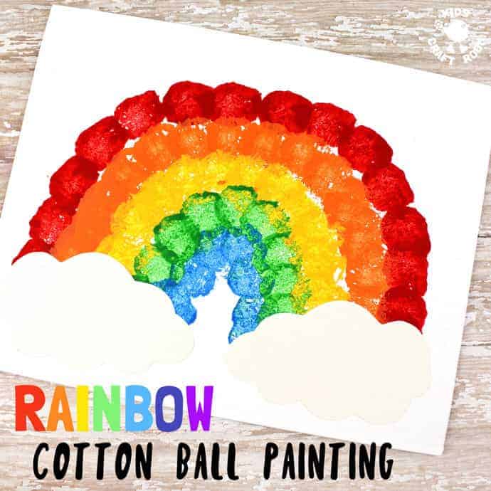 RAINBOW COTTON BALL PAINTING is lots of fun, looks amazing and develops kids motor skills and hand-eye co-ordination. Painting with cotton balls is exciting for kids and a great way to broaden their painting experiences away from just traditional brushes. #rainbow #kidsart #kidspaintingideas #stpatricksday #stpaddys #rainbowcrafts #kidspainting #springcrafts #springcraftsforkids #kidsactivities #kidscrafts #kidscraftroom #rainbows #cottonballpainting #painting #kids