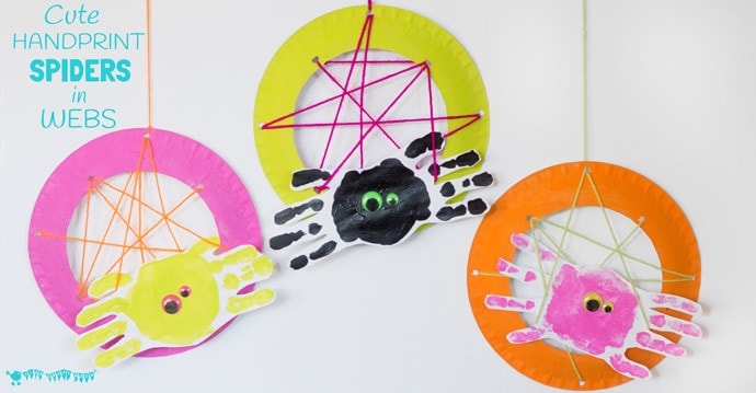 Handprint Spiders In Webs are easy & frugal to make and a super way to build fine motor threading skills. A fun spider craft for Halloween & all year round.