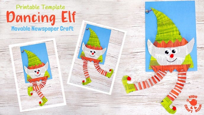 DANCING NEWSPAPER ELF CRAFT - Here's an adorable interactive Dancing Elf Craft the kids are going to love. Such a fun Christmas craft! Download the printable template and make an elf that not only looks cute but dances too! An easy and fun newspaper craft / recycled craft for the holidays.