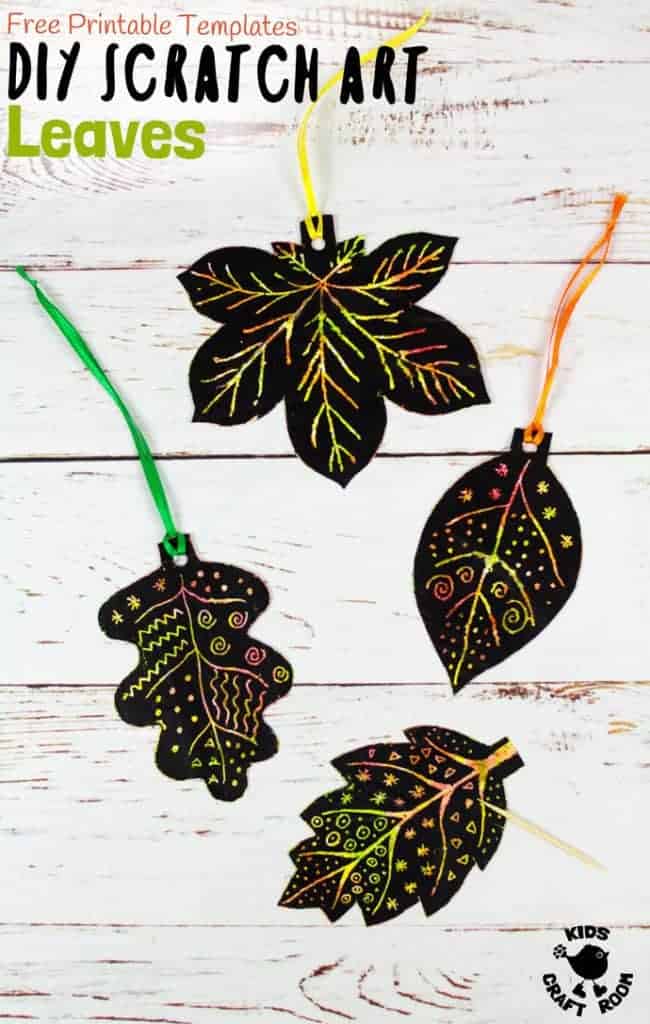 DIY SCRATCH ART LEAVES are gorgeous! This Fall craft is easy to make with our free printable templates and so colourful and vibrant! A lovely leaf art idea for Fall and Thanksgiving. #Fall #Fallcrafts #Autumn #Autumncrafts #Fallart #kidsart #artideas #leaves #leaf #scratchart #leafart #leafcrafts #kidscrafts #kidscraft #craftsforkids #kidscraftroom