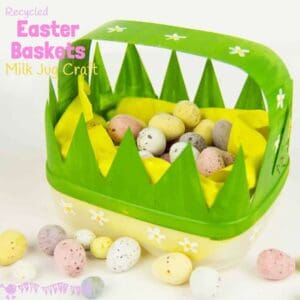CUTE EASTER BASKETS a recycled milk jug craft. This recycled Easter craft for kids is lots of fun. Homemade Easter baskets to decorate for egg hunts or cute Easter gifts! #easter #easterbasket #easterbaskets #eastercrafts #easterideas #recycledcrafts #kidscrafts #craftsforkids #kidscraftroom #easteregghunts #eastereggs