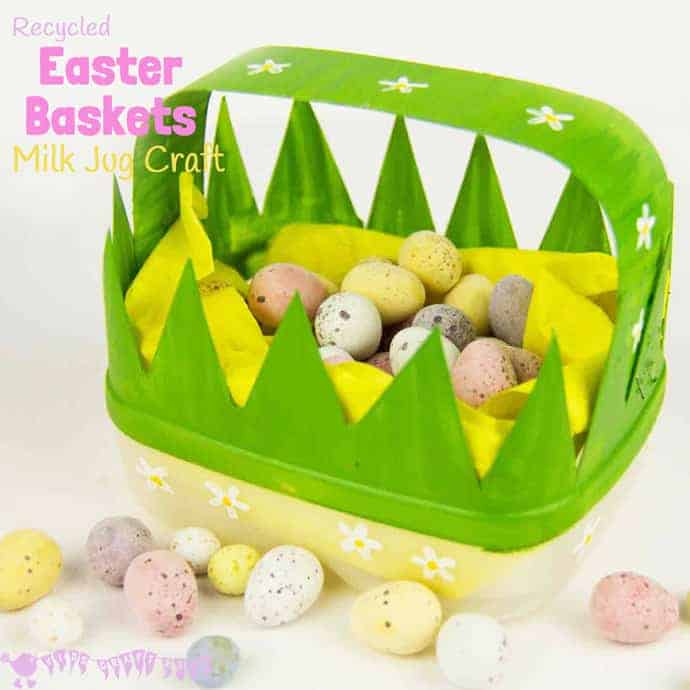 CUTE EASTER BASKETS a recycled milk jug craft. This recycled Easter craft for kids is lots of fun. Homemade Easter baskets to decorate for egg hunts or cute Easter gifts! #easter #easterbasket #easterbaskets #eastercrafts #easterideas #recycledcrafts #kidscrafts #craftsforkids #kidscraftroom #easteregghunts #eastereggs