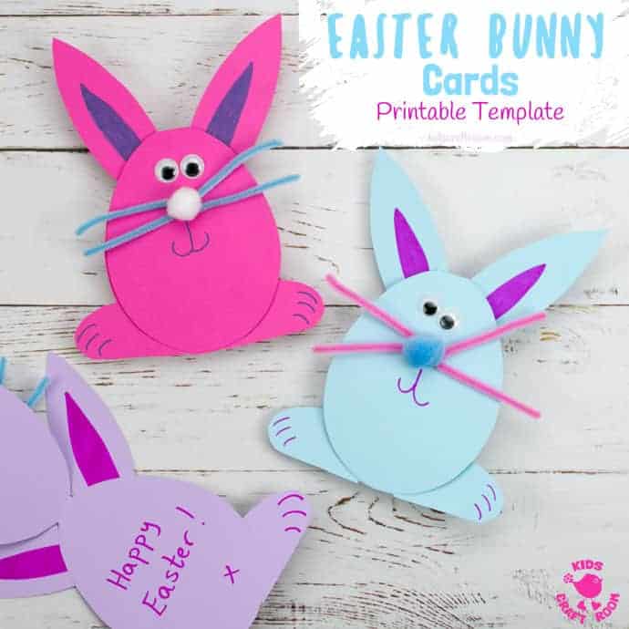 These Easy Easter Bunny Cards are the cutest! Download the printable template for a quick and adorable Easter craft for kids. This simple Easter Bunny craft is great for sharing with friends. #kidscraftroom #easterbunny #eastercrafts #eastercraftsforkids #printables #kidscrafts #eastercards