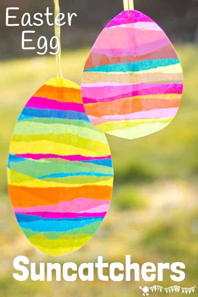 This EASTER EGG SUNCATCHER CRAFT for kids is so bright and colourful. They look beautiful hanging in windows and they can be hung outside for Easter egg hunts too.