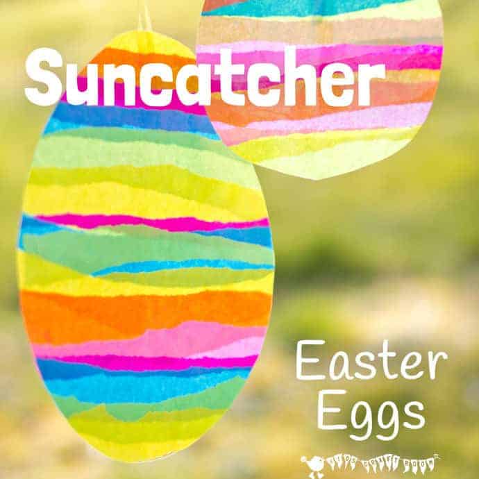 This EASTER EGG SUNCATCHER CRAFT for kids is so bright and colourful. They look beautiful hanging in windows and they can be hung outside for Easter egg hunts too.