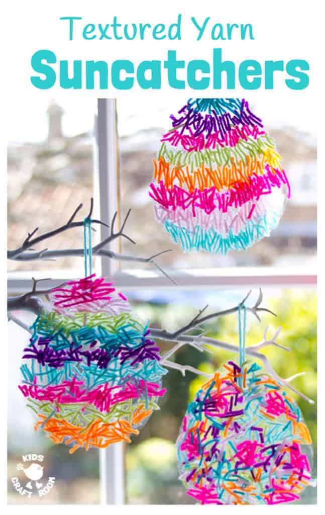 This textured yarn EASTER SUNCATCHER CRAFT is a gorgeous Easter craft or Spring craft for kids of all ages. A simple yarn craft made from scraps, these homemade Easter Egg Suncatchers look stunning in windows or hanging on an Easter tree. These are DIY Easter decorations you'll want to display year after year.