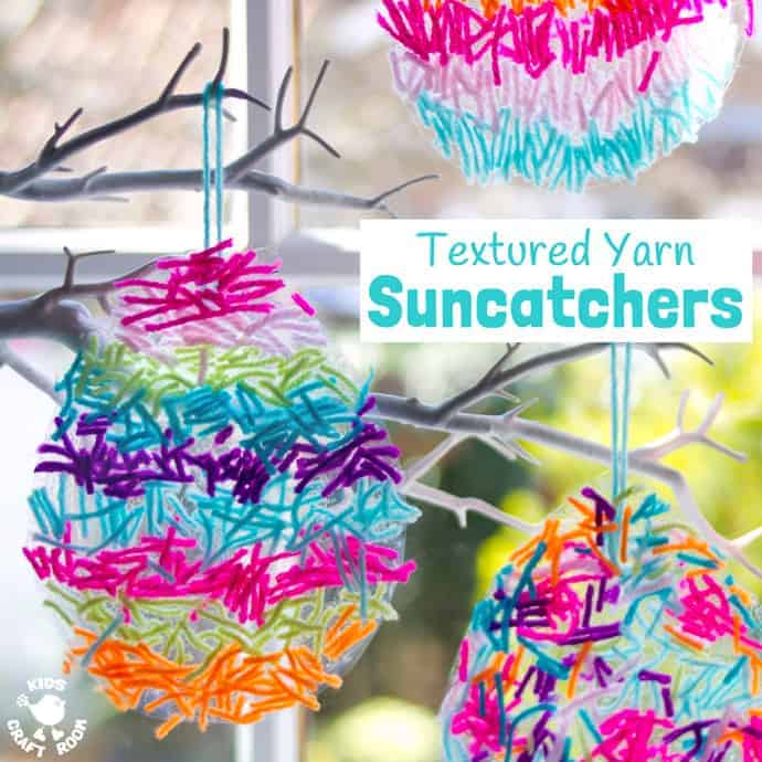 This textured yarn EASTER SUNCATCHER CRAFT is a gorgeous Easter craft or Spring craft for kids of all ages. A simple yarn craft made from scraps, these homemade Easter Egg Suncatchers look stunning in windows or hanging on an Easter tree. These are DIY Easter decorations you'll want to display year after year.