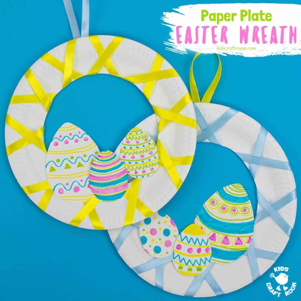 Looking for an easy 5 minute Easter craft for kids? This Easy Peasy Paper Plate Easter Wreath craft is super quick and virtually mess free! These pretty paper plate wreaths are such a fun Spring craft for kids. #kidscraftroom #eastercrafts #eastercraftsforkids #wreaths #wreathmaking #paperplatecrafts #easter #springcrafts