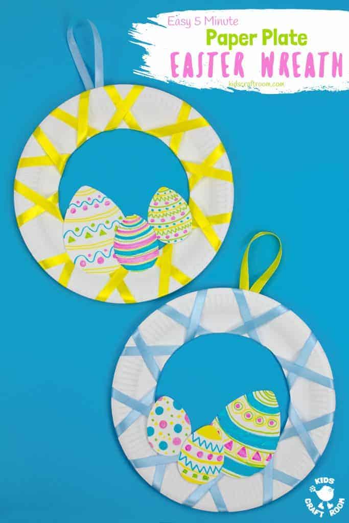 Looking for an easy 5 minute Easter craft for kids? This Easy Peasy Paper Plate Easter Wreath craft is super quick and virtually mess free! These pretty paper plate wreaths are such a fun Spring craft for kids. #kidscraftroom #eastercrafts #eastercraftsforkids #wreaths #wreathmaking #paperplatecrafts #easter #springcrafts