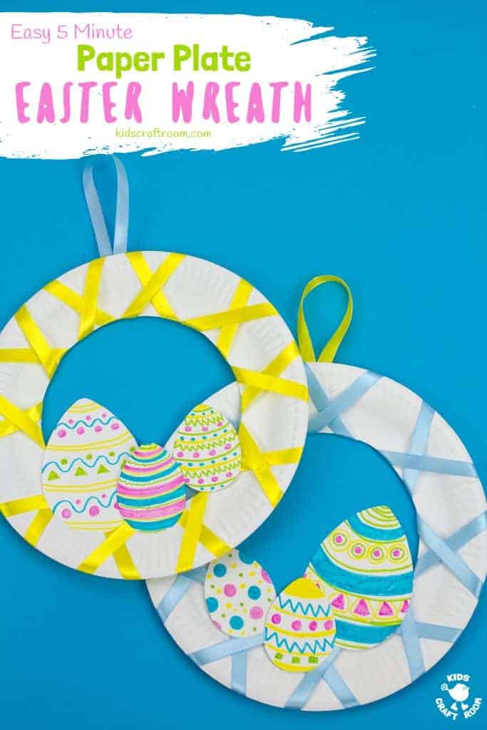 Looking for an easy 5 minute Easter craft for kids? This Easy Peasy Paper Plate Easter Wreath craft is super quick and virtually mess free! These pretty paper plate wreaths are such a fun Spring craft for kids. #kidscraftroom #eastercrafts #eastercraftsforkids #wreaths #wreathmaking #paperplatecrafts #easter #springcrafts