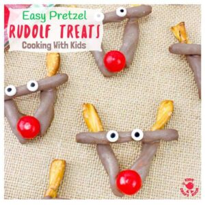 EASY PRETZEL REINDEER TREATS - Simple chocolate pretzel christmas treats melt hearts and tickle taste buds every time!  A festive Christmas recipe for cooking with kids. Great for Christmas parties and bake sales, play dates or to share with classmates and teachers for an end of term festive treat. Who can resist the charms of Rudolf The Red Nosed Reindeer? I know we can't!