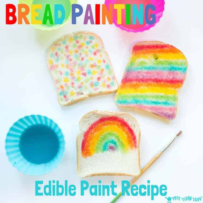 ART YOU CAN EAT is such fun! Check out our easy EDIBLE PAINT RECIPE and get the kids busy creating their own RAINBOW BREAD MASTERPIECES.