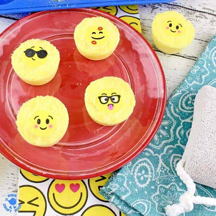 Emoji Bath Bombs make bath time fun! Homemade bath bombs are easy to make and bring a smile and a giggle to bath time. They're great as homemade gifts for kids to make too!