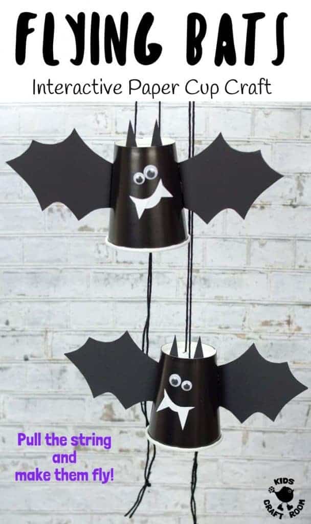 PAPER CUP FLYING BAT CRAFT - These paper cup flying bats are really quick and easy to make so it's a great craft to do with kids of all ages from toddlers to tweens. Built around a paper cup these little bats cleverly fly up and down when you pull the strings. Such a fun Halloween craft for kids. #bat #bats #batcrafts #halloween #halloweencrafts #papercups #papercupcrafts #kidscrafts #kidscraftroom #halloweendecorations