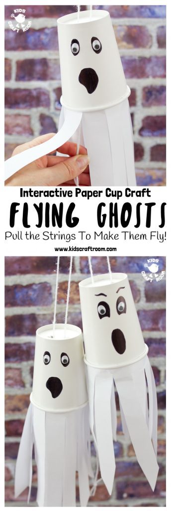 Do your kids love interactive Halloween crafts? We do! It's so fun to make something and then be able to play with it too. This easy Paper Cup Flying Ghost Craft is sure to be a hit! Pull the strings to see the paper cup ghosts fly up and down! So spooky and fun! #halloween #halloweencrafts #halloweendecorations #kidscrafts #crafts #ghosts #ghostcrafts #papercups #papercupcrafts #kidscraftroom