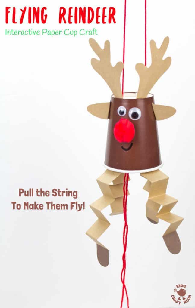 This Flying Paper Cup Reindeer Craft is so easy to make and lots of fun to play with. Pull the string to make Rudolf fly up and down! Reindeer crafts have never been such fun! An interactive Christmas craft for kids not to be missed! #rudolf #reindeer #reindeercrafts #reindeercraftsforkids #reindeercraftsforpreschoolers #reindeercraftsfortoddlers #christmas #christmascrafts #kidscrafts #kidscraftroom