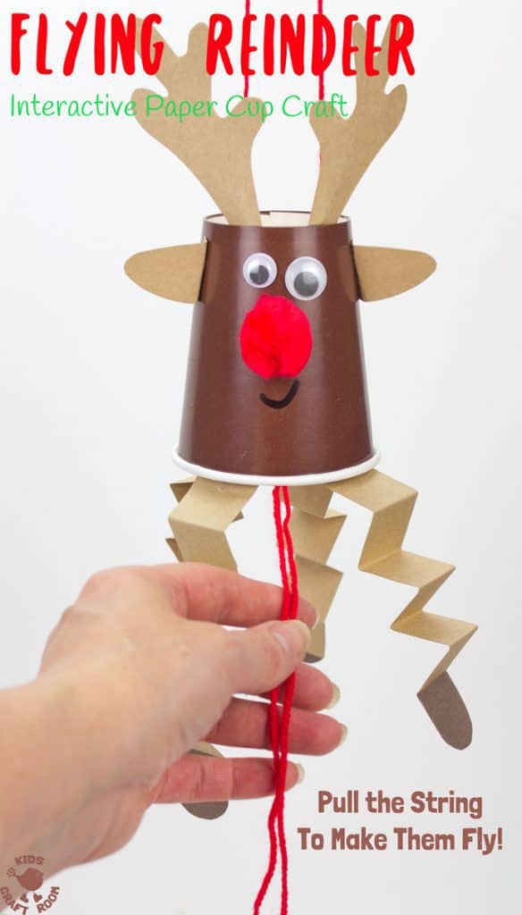This Flying Paper Cup Reindeer Craft is so easy to make and lots of fun to play with. Pull the string to make Rudolf fly up and down! Reindeer crafts have never been such fun! An interactive Christmas craft for kids not to be missed! #rudolf #reindeer #reindeercrafts #reindeercraftsforkids #reindeercraftsforpreschoolers #reindeercraftsfortoddlers #christmas #christmascrafts #kidscrafts #kidscraftroom