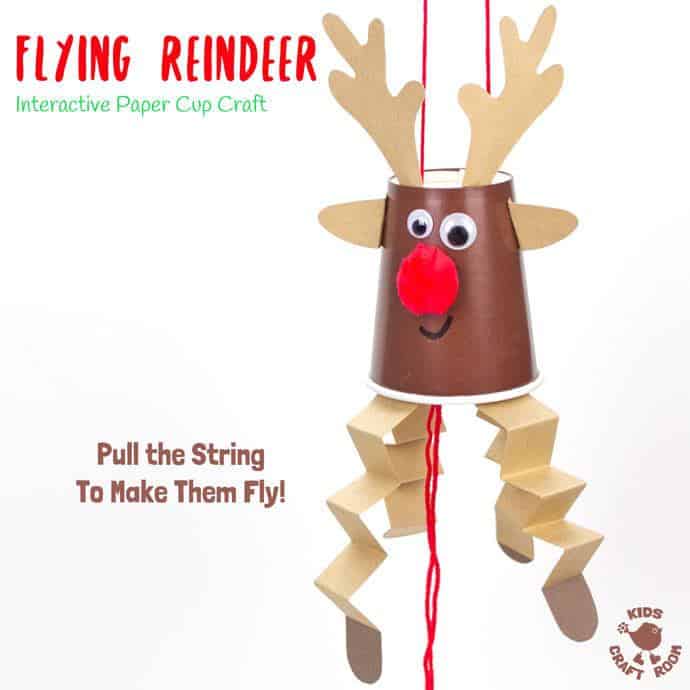 This Flying Paper Cup Reindeer Craft is so easy to make and lots of fun to play with. Pull the string to make Rudolf fly up and down! Reindeer crafts have never been such fun! An interactive Christmas craft for kids not to be missed! #rudolf #reindeer #reindeercrafts #reindeercraftsforkids #reindeercraftsforpreschoolers #reindeercraftsfortoddlers #christmas #christmascrafts #kidscrafts #kidscraftroom