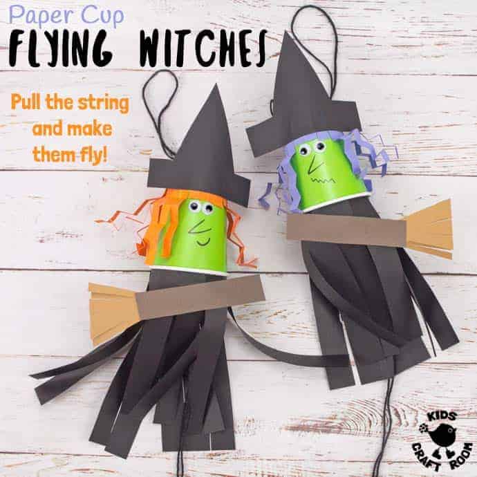 This Flying Paper Cup Witch Craft For Kids is so easy to make and loads of fun! Children will LOVE how interactive this paper cup craft is. Just pull the string and watch your witch fly up and down on her broomstick! Such a fun Halloween craft! #witch #halloween #witchcraft #witchcraftforkids #halloweencrafts #kidscrafts #kidscraft #papercupcrafts #papercups #witches #halloweencraft #halloweendecorations #kidscraftroom #preschool #kids