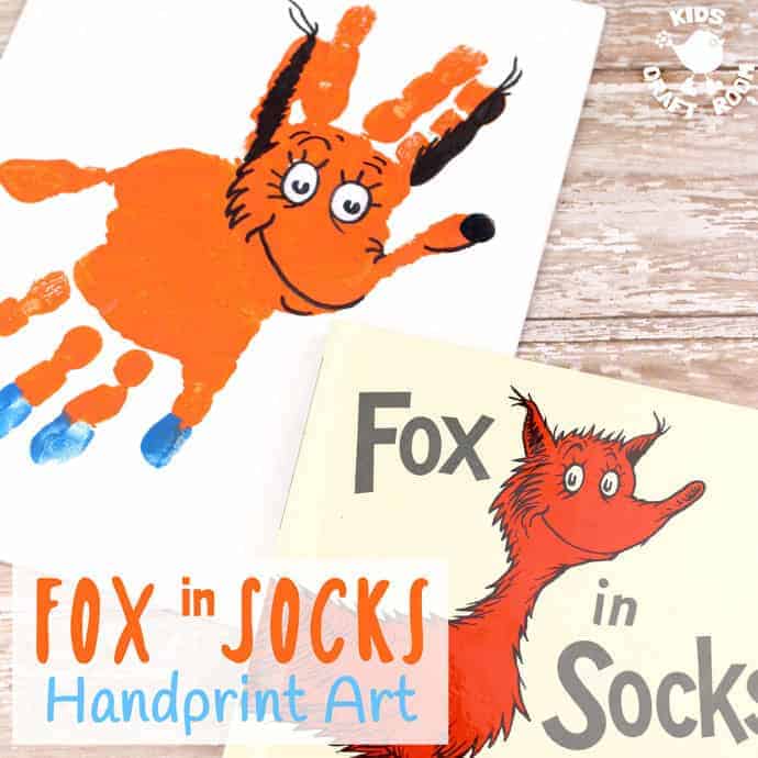 FOX IN SOCKS HANDPRINT CRAFT - Decorate your bedroom, classroom or reading nook with this super fun handprint art. Make the terrific tongue twister master, Fox In Socks and the tongue tied Knox! Both are easy to make and adorable. A great way to celebrate World Book Day and Dr Seuss' birthday. #handprintcrafts #drseuss #worldbookday #bookweek #FoxInSocks #Knox #bookcrafts #kidscrafts #craftsforkids #kidsliterature #kidscraft #kidsbooks #handprint #paintingideas #preschool