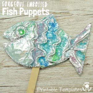 EMBOSSED FOIL FISH PUPPETS - A stunning fish craft with a difference! This embossed foil fish craft appeals to kids of all ages. Enjoy making fish puppets or fish pictures, the results are gorgeous!