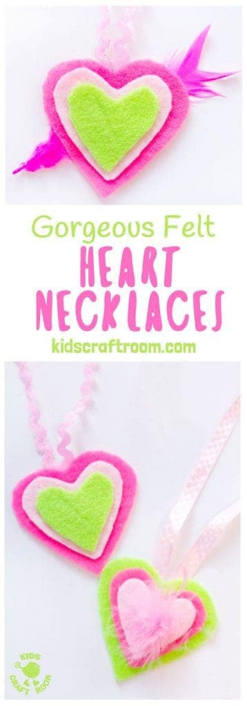 HEART NECKLACES are cute, colourful and no-sew! This kids felt craft is a great way for children to make homemade jewellery for themselves or as cute gifts. A lovely Mother's Day craft or Valentine's Day Craft for kids. #valentine #valentinesday #valentinescraft #valentinecraft #valentinescrafts #valentinecrafts #valentinesdayforkids #heart #love #heartcrafts #sewingforkids #homemadejewllery #necklace #DIYnecklace #feltcrafts #kidscrafts #craftsforkids #kidscraftroom #craftideasforkids