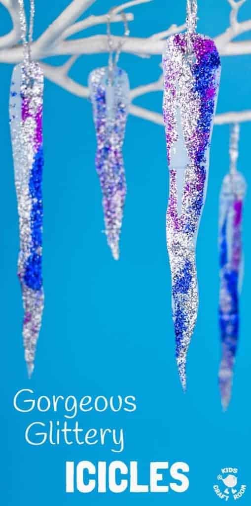 GORGEOUS GLITTERY ICICLE CRAFT made from up-cycled milk jugs! A great recycled Winter craft for kids that builds scissor skills. Homemade icicles make super Winter decorations for the classroom or home.