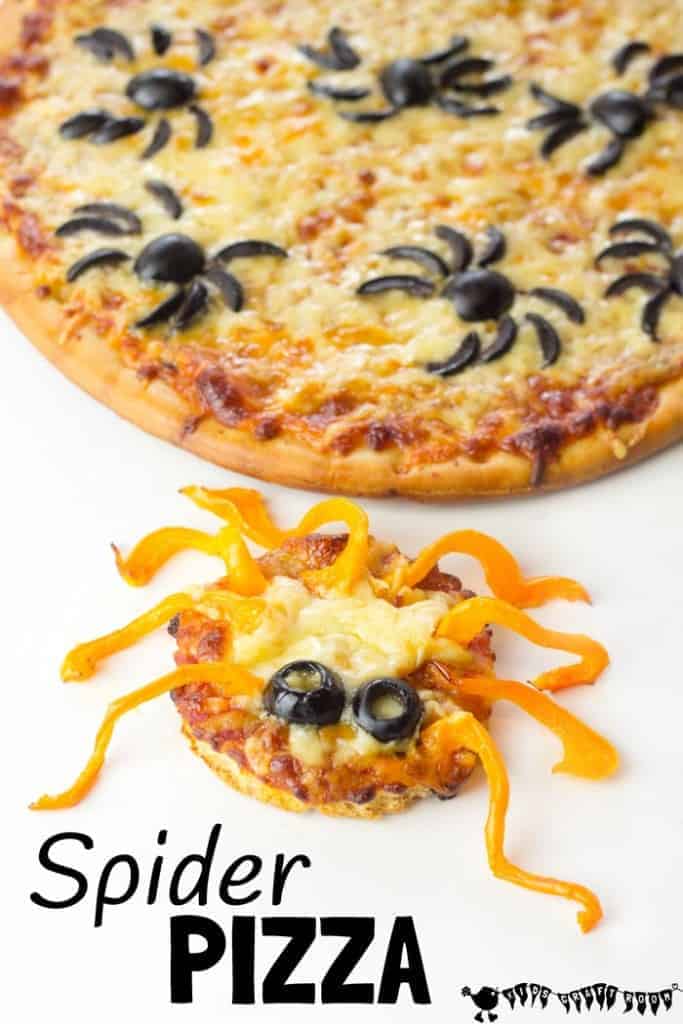 SPIDER PIZZA - Looking for Halloween food ideas? These Halloween Spider Pizzas are simple for kids to make and are a delicious Halloween snack or Halloween party food idea.What a Halloween treat! #Halloween #Halloweenfood #recipe #pizza #Halloweenrecipe #spiders #spider #partyfood #halloweentreats #halloweenparty #kidscraftroom
