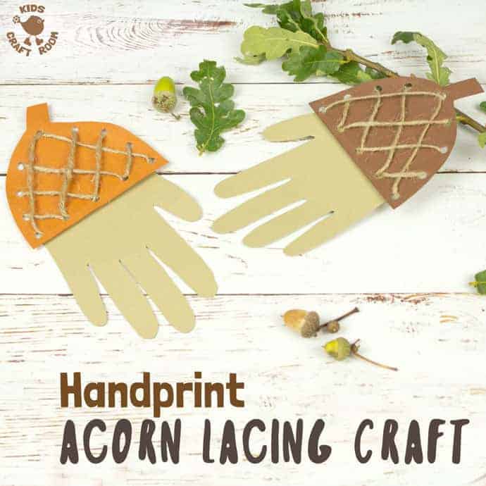 How adorable is this Handprint Acorn Lacing Craft? Acorn crafts are perfect for Autumn and this handprint acorn lets children lace and thread a textured acorn cap all the while building their fine motor skills in a fun way. A lovely lacing activity for preschoolers. #acorn #acorns #acorncrafts #kidscrafts #lacingcraft #lacing #threading #finemotorskills #Fallcrafts #Autumncrafts #handprint #handprintcrafts #Fall #Autumn #lacingactivity #kidsactivities #lacingactivity