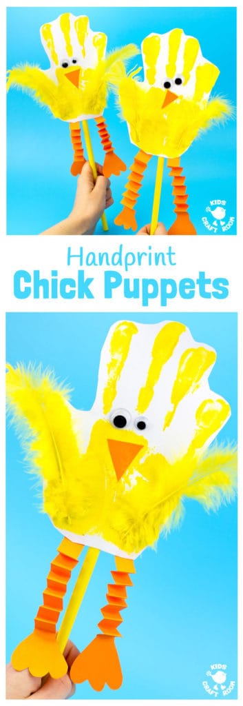 Handprint Chick Puppets are a great Spring craft or Easter craft for kids. This chick craft looks super cute and kids can actually play with them too! Such a fun handprint craft to encourage dramatic play and story telling. #Easter #eastercrafts #chicks #chickcrafts #handprint #handprintcrafts #puppets #puppetcrafts #kidscrafts #craftsforkids #kidscraftroom