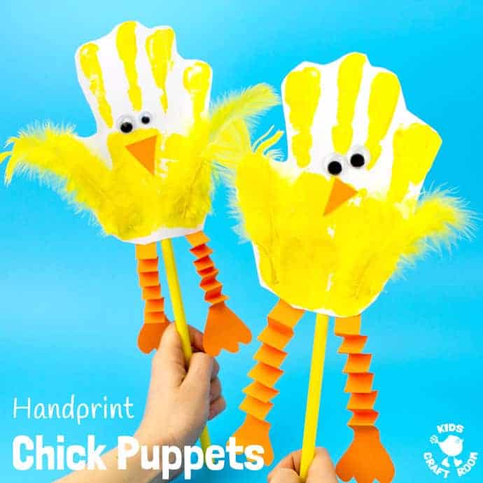 Handprint Chick Puppets are a great Spring craft or Easter craft for kids. This chick craft looks super cute and kids can actually play with them too! Such a fun handprint craft to encourage dramatic play and story telling.