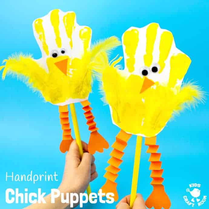 Handprint Chick Puppets are a great Spring craft or Easter craft for kids. This chick craft looks super cute and kids can actually play with them too! Such a fun handprint craft to encourage dramatic play and story telling.