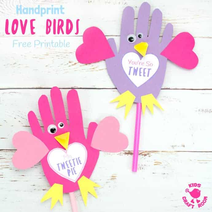 HANDPRINT LOVE BIRDS with Free Printable Template. Use them as puppets or greeting cards these Handprint Love Birds are the sweetest, or should I say tweetest little bird craft around and just perfect for Valentine's Day or Mother's Day. Too tweet for words! #handprintcrafts #valentine #valentines #valentinesday #valentinecrafts #valentinescrafts #birds #lovebirds #kidscrafts #valentinesforkids #kidscrafts101