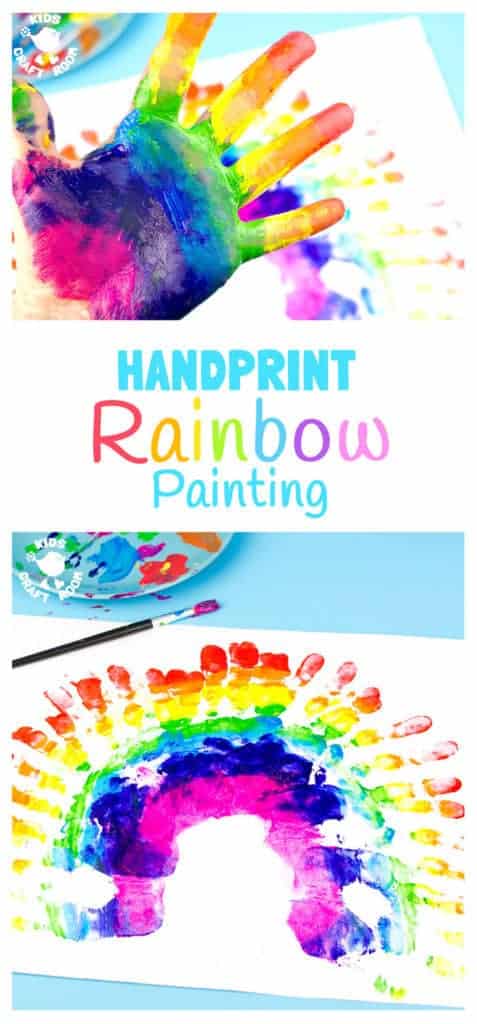 HANDPRINT RAINBOW PAINTING is a fun sensory art experience for kids. Get "hands-on" with paints and explore colour mixing and blending! A creative painting idea for St Patrick's Day and weather study themes.